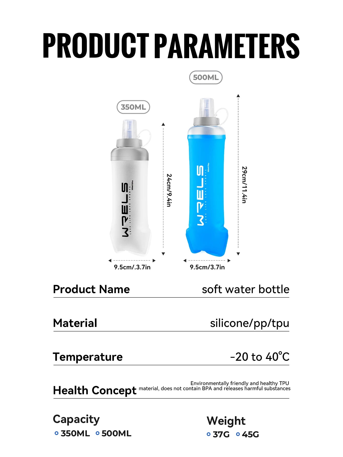 WRELS Soft Flask Folding Collapsible Water Bottle TPU BPA-Free for Running Running Hydration Bottles Water Bag Sports Flasks