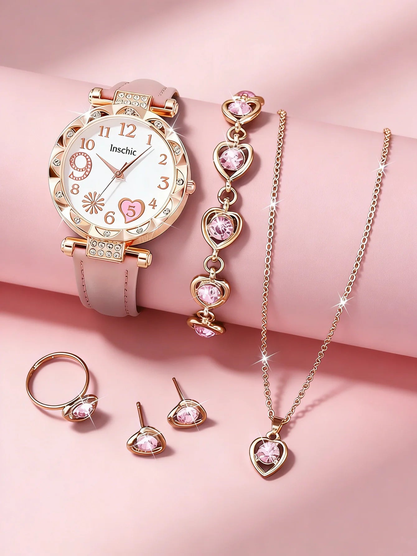 Women's quartz watch and set of inlaid jewelry, gift with heart-shaped fireworks design, does not include the box