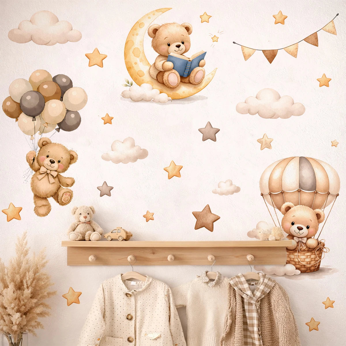 Adorable Teddy Bear Balloons Stars Clouds Wall Sticker Nursery Child Room Art Vinyl Decal Kids Room Bedroom Living Home Decor