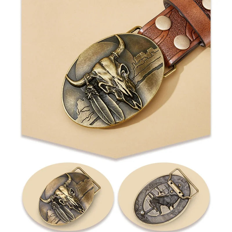 Western Cowboy PU Leather Belt - Men Waist Strap Bull Decoration Floral Engraved for Jeans