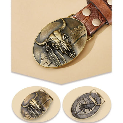 Western Cowboy PU Leather Belt - Men Waist Strap Bull Decoration Floral Engraved for Jeans