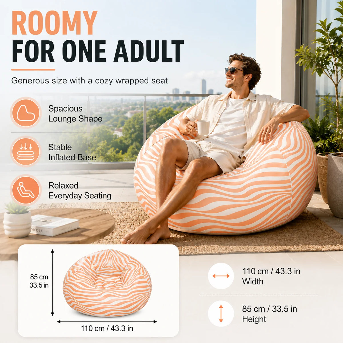 1PC Inflatable Bean Bag Chair, Air Sofa Striped Lounge Sofa, PVC Lazy Recliner Pool Float Indoor Outdoor Portable Waterproof