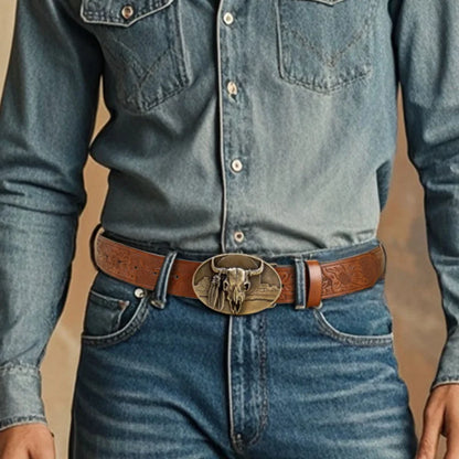 Western Cowboy PU Leather Belt - Men Waist Strap Bull Decoration Floral Engraved for Jeans