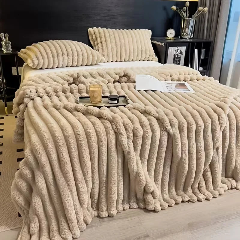 A Soft Cozy Faux Fur Rabbit Stripped Blanket, Warm and Thick for Bed, Sofa, Dormitory and Office, Versatile Use and Rich Colors