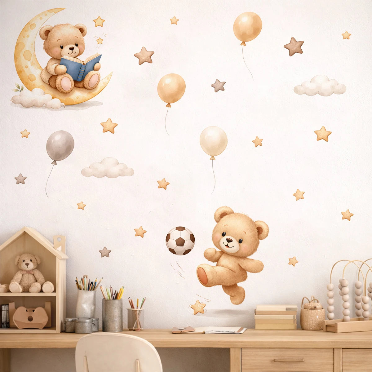 Adorable Teddy Bear Balloons Stars Clouds Wall Sticker Nursery Child Room Art Vinyl Decal Kids Room Bedroom Living Home Decor