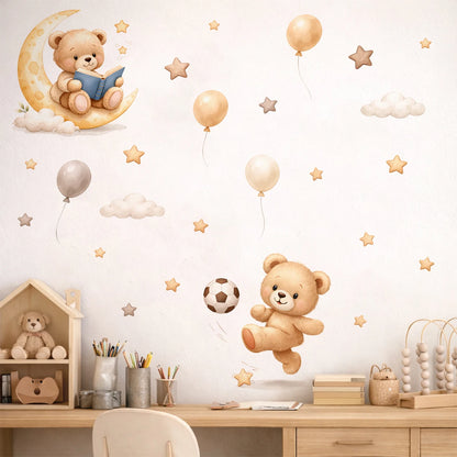 Adorable Teddy Bear Balloons Stars Clouds Wall Sticker Nursery Child Room Art Vinyl Decal Kids Room Bedroom Living Home Decor