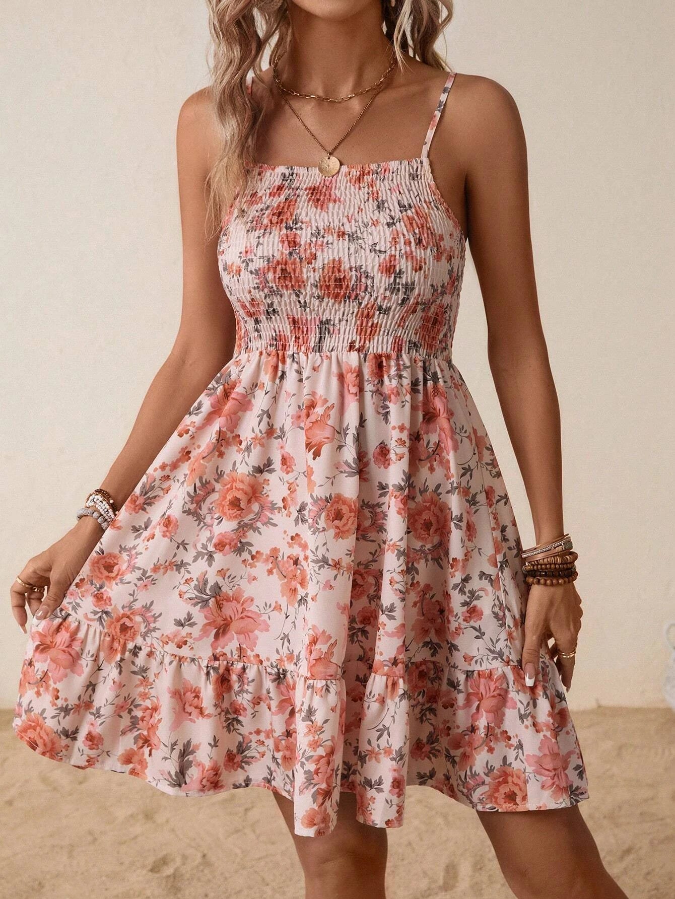 Women's Floral Print Shirred Spaghetti Strap Dress - Summer Boho Ruffle Sundress Casual Beach Maxi Dress