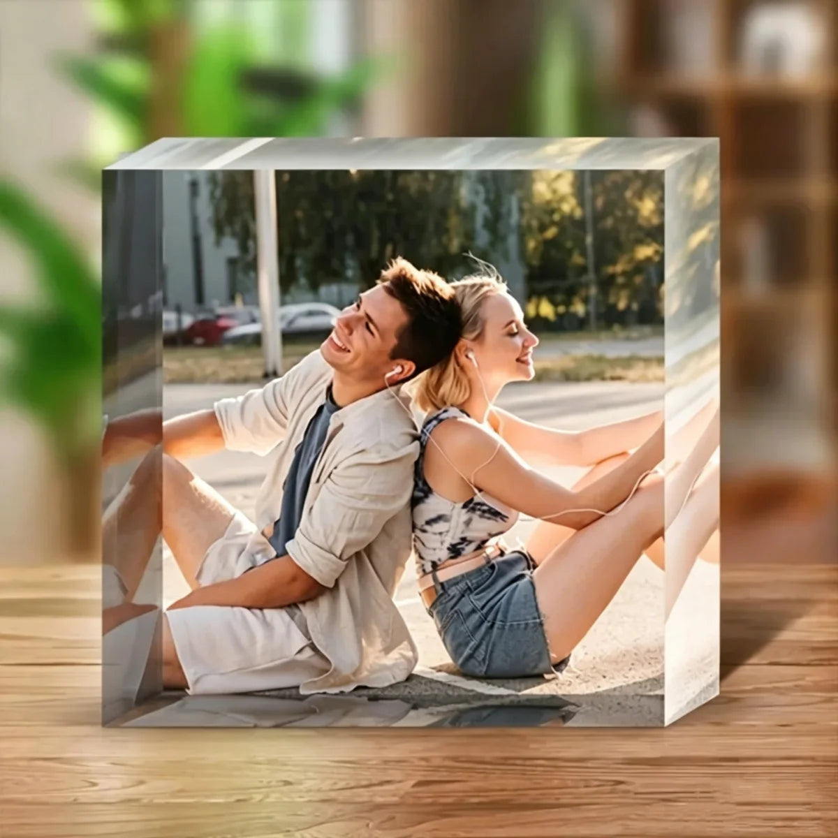 A Custom Acrylic Desktop Decoration with Personalized Photo Options, Including Artistic Images, Couple Portraits, and Family Pho