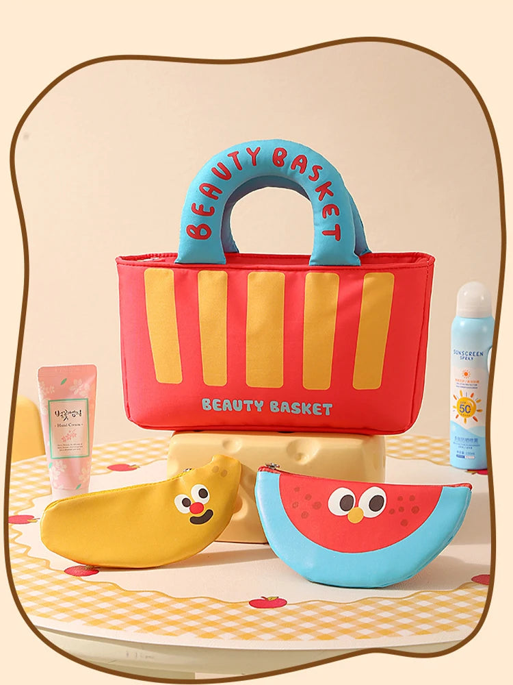 Cute Cartoon Fruit Series French Fries Tote Bag + Watermelon Banana Pencil Case Set Storage Bag, Featuring Fun Designs That Are Popular among Girls. It Can Be Used as a Cosmetic Bag to Store Small Beauty Items, or as a Pencil