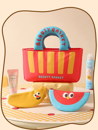 Cute Cartoon Fruit Series French Fries Tote Bag + Watermelon Banana Pencil Case Set Storage Bag, Featuring Fun Designs That Are Popular among Girls. It Can Be Used as a Cosmetic Bag to Store Small Beauty Items, or as a Pencil