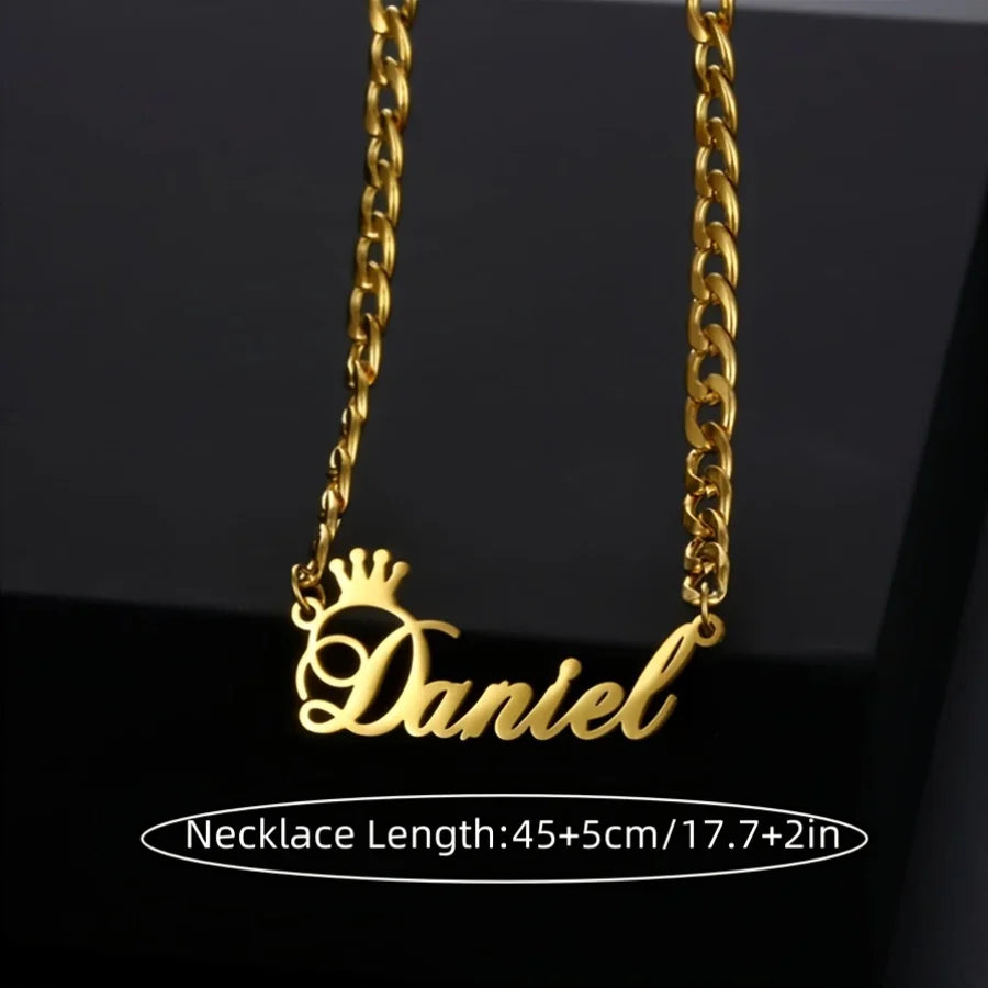 Crown Nameplate Cuban Chain Necklace, Stylish Personalized Name Jewelry Gift for Her and Him