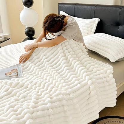 A Soft Cozy Faux Fur Rabbit Stripped Blanket, Warm and Thick for Bed, Sofa, Dormitory and Office, Versatile Use and Rich Colors