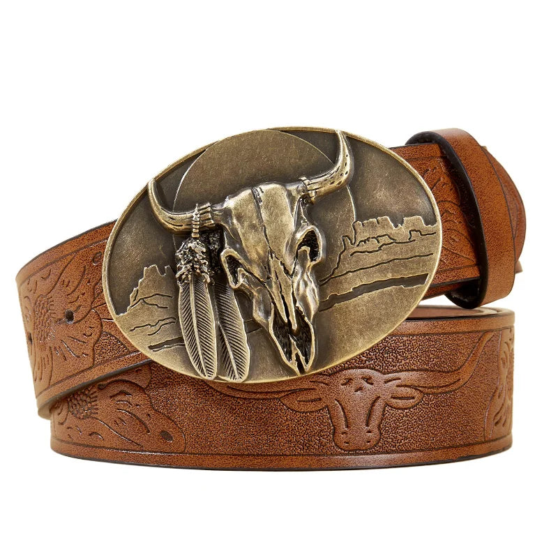 Western Cowboy PU Leather Belt - Men Waist Strap Bull Decoration Floral Engraved for Jeans