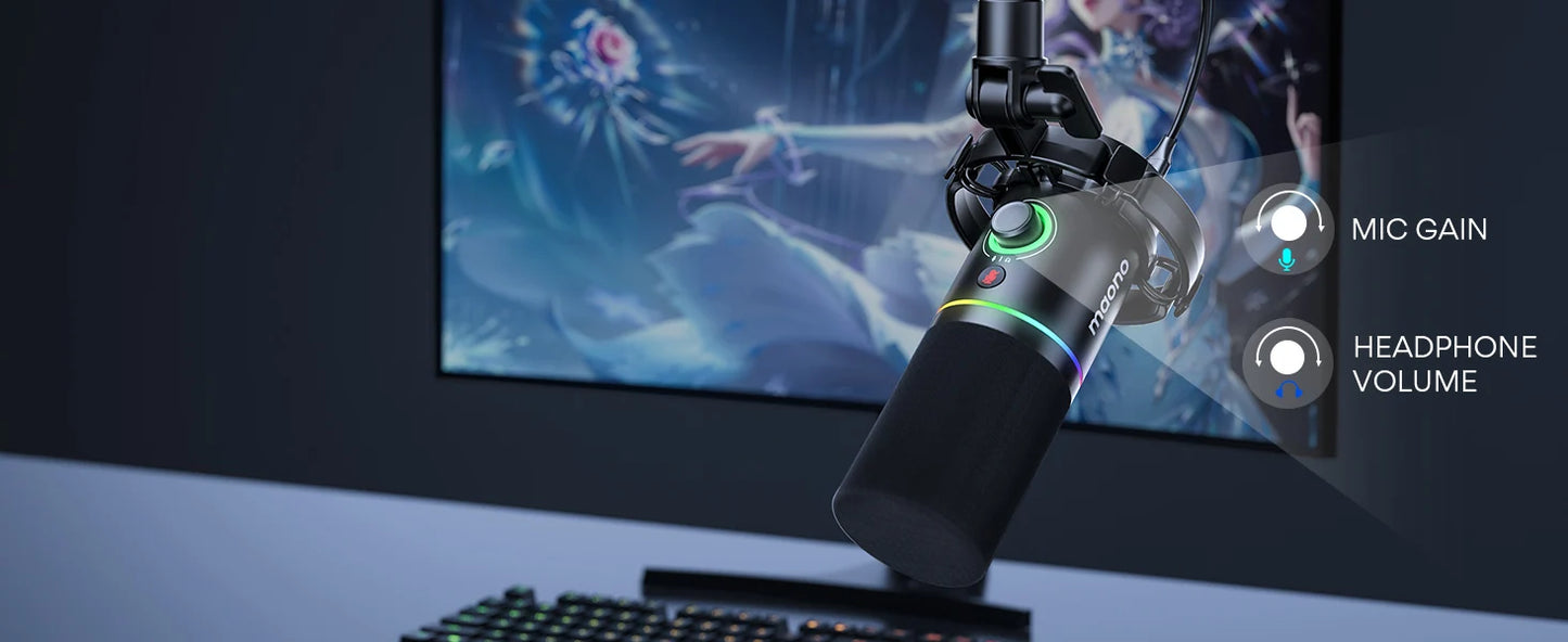 maono PD200X XLR\USB Dynamic Microphone for Gaming Recording Streaming Youtube Metal Mic with Software Tap-to-Mute Gain Knob