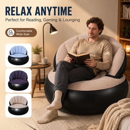 1PC Inflatable Sofa Chair with Air Pump, Thickened Flocking Air Lounge Chair Portable Lazy Bean Bag Air Couch for Living Roo