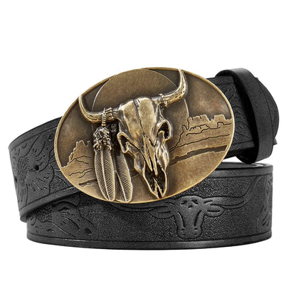 Western Cowboy PU Leather Belt - Men Waist Strap Bull Decoration Floral Engraved for Jeans
