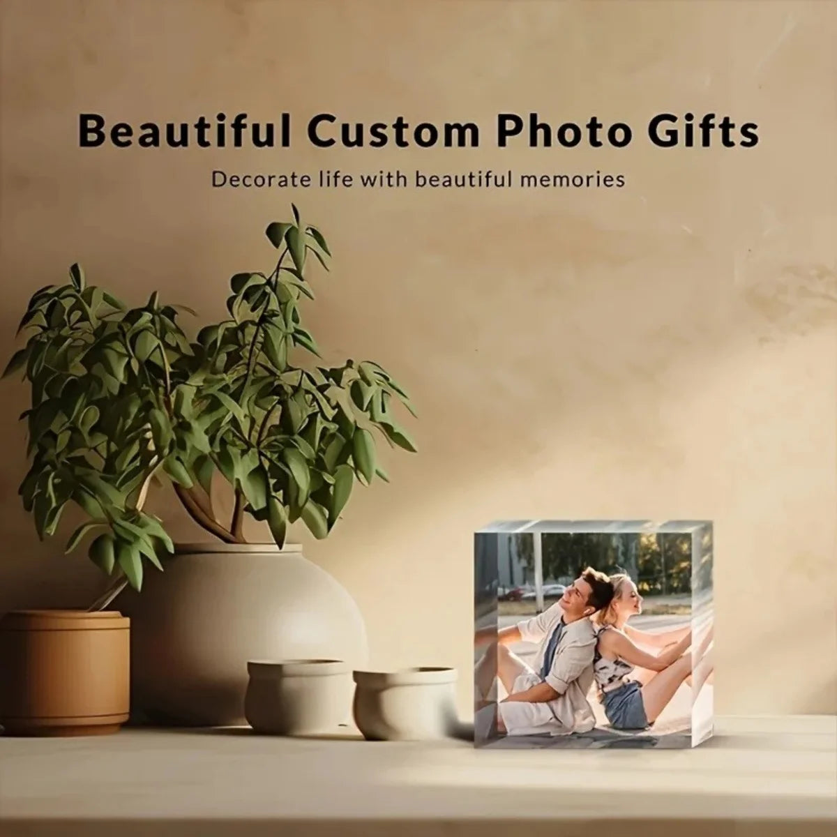 A Custom Acrylic Desktop Decoration with Personalized Photo Options, Including Artistic Images, Couple Portraits, and Family Pho