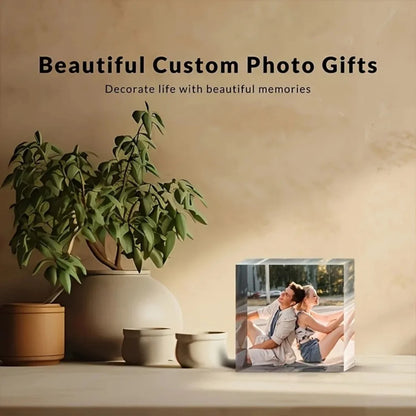 A Custom Acrylic Desktop Decoration with Personalized Photo Options, Including Artistic Images, Couple Portraits, and Family Pho