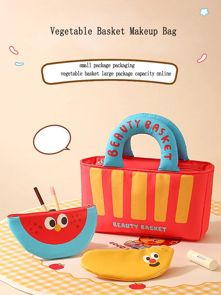 Cute Cartoon Fruit Series French Fries Tote Bag + Watermelon Banana Pencil Case Set Storage Bag, Featuring Fun Designs That Are Popular among Girls. It Can Be Used as a Cosmetic Bag to Store Small Beauty Items, or as a Pencil