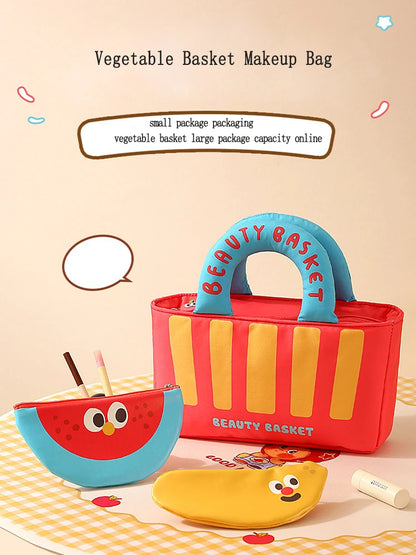 Cute Cartoon Fruit Series French Fries Tote Bag + Watermelon Banana Pencil Case Set Storage Bag, Featuring Fun Designs That Are Popular among Girls. It Can Be Used as a Cosmetic Bag to Store Small Beauty Items, or as a Pencil