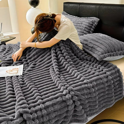 A Soft Cozy Faux Fur Rabbit Stripped Blanket, Warm and Thick for Bed, Sofa, Dormitory and Office, Versatile Use and Rich Colors