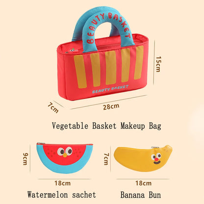 Cute Cartoon Fruit Series French Fries Tote Bag + Watermelon Banana Pencil Case Set Storage Bag, Featuring Fun Designs That Are Popular among Girls. It Can Be Used as a Cosmetic Bag to Store Small Beauty Items, or as a Pencil