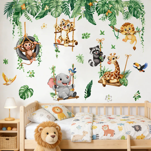 Jungle Animals Wall Stickers for Kids Room, Safari Monkey Giraffe Elephant Lion Wall Decals, Peel and Stick Nursery Wall Decor