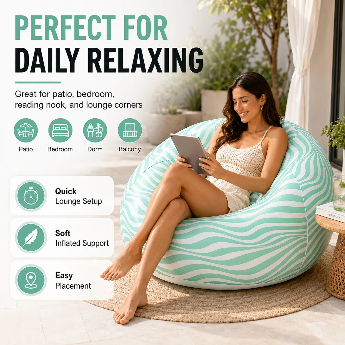 1PC Inflatable Bean Bag Chair, Air Sofa Striped Lounge Sofa, PVC Lazy Recliner Pool Float Indoor Outdoor Portable Waterproof