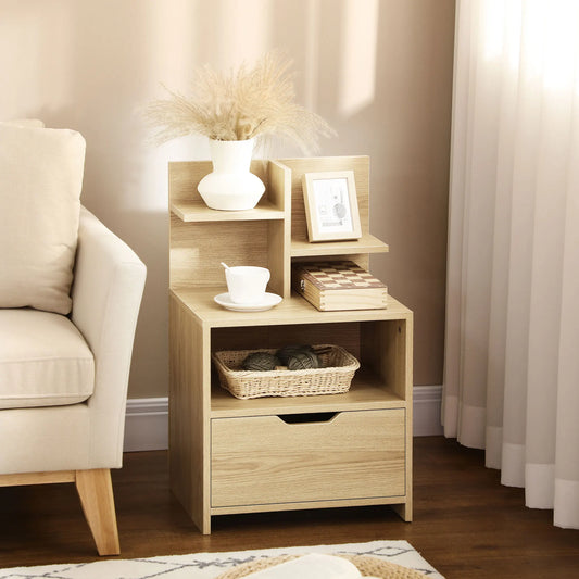 Natural Wood‑Tone Multi‑Storage Nightstand, Bedside Table with Drawer, Open Niche & Multi‑Tier Display Shelves, Sofa Sideboard, Multi‑Purpose Space‑Saving Storage Furniture for Bedroom Living Room Home Interior Deco