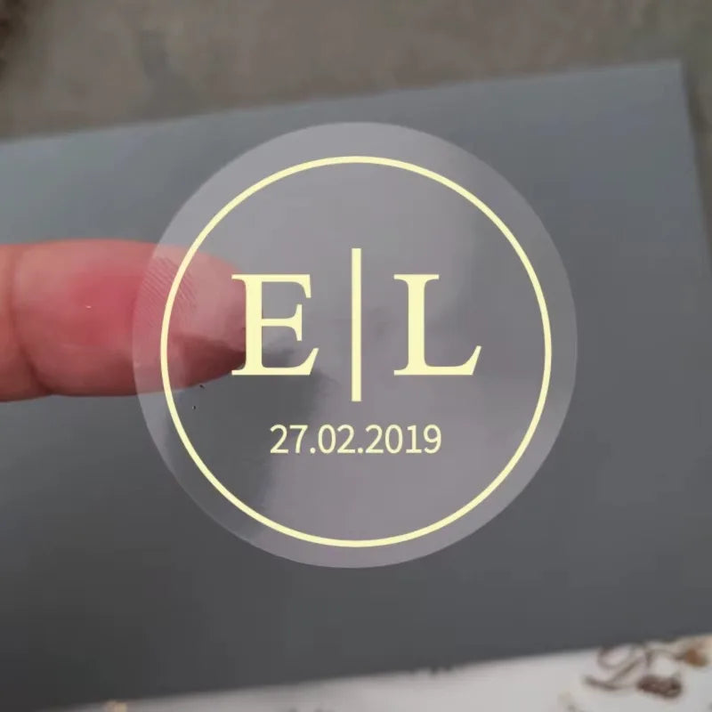 50pcs Custom Transparent Wedding Stickers, Square Transparent Stickers, Personalized Wedding Stickers with Gold Foil Labels