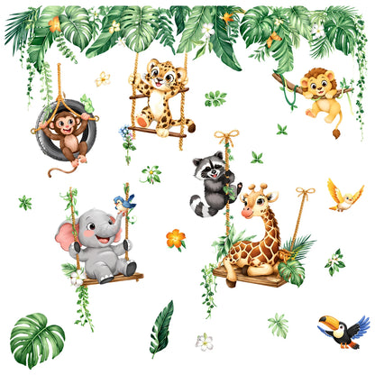 Jungle Animals Wall Stickers for Kids Room, Safari Monkey Giraffe Elephant Lion Wall Decals, Peel and Stick Nursery Wall Decor