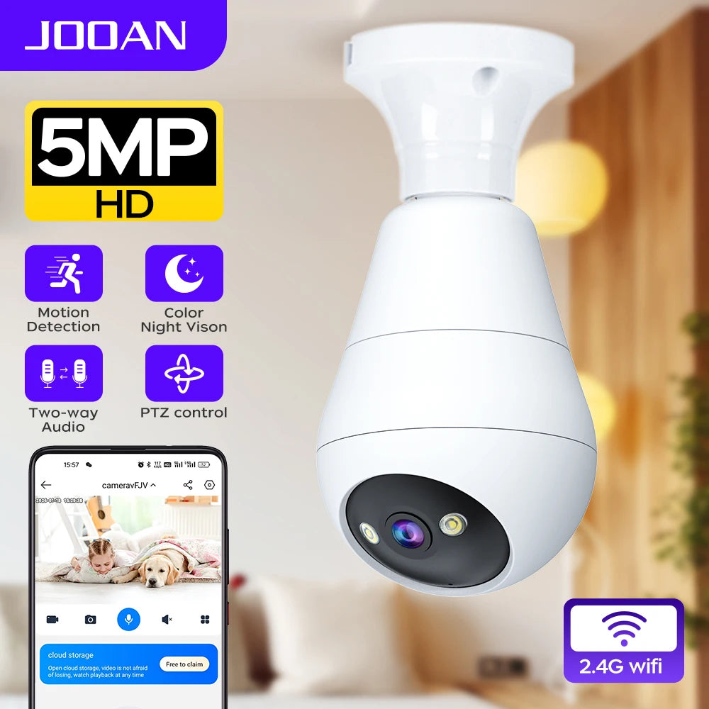 JOOAN 5MP E27 Bulb Wifi Camera Indoor Auto Tracking Night Vision Security Camera Two-way Audio Surveillance IP Camera