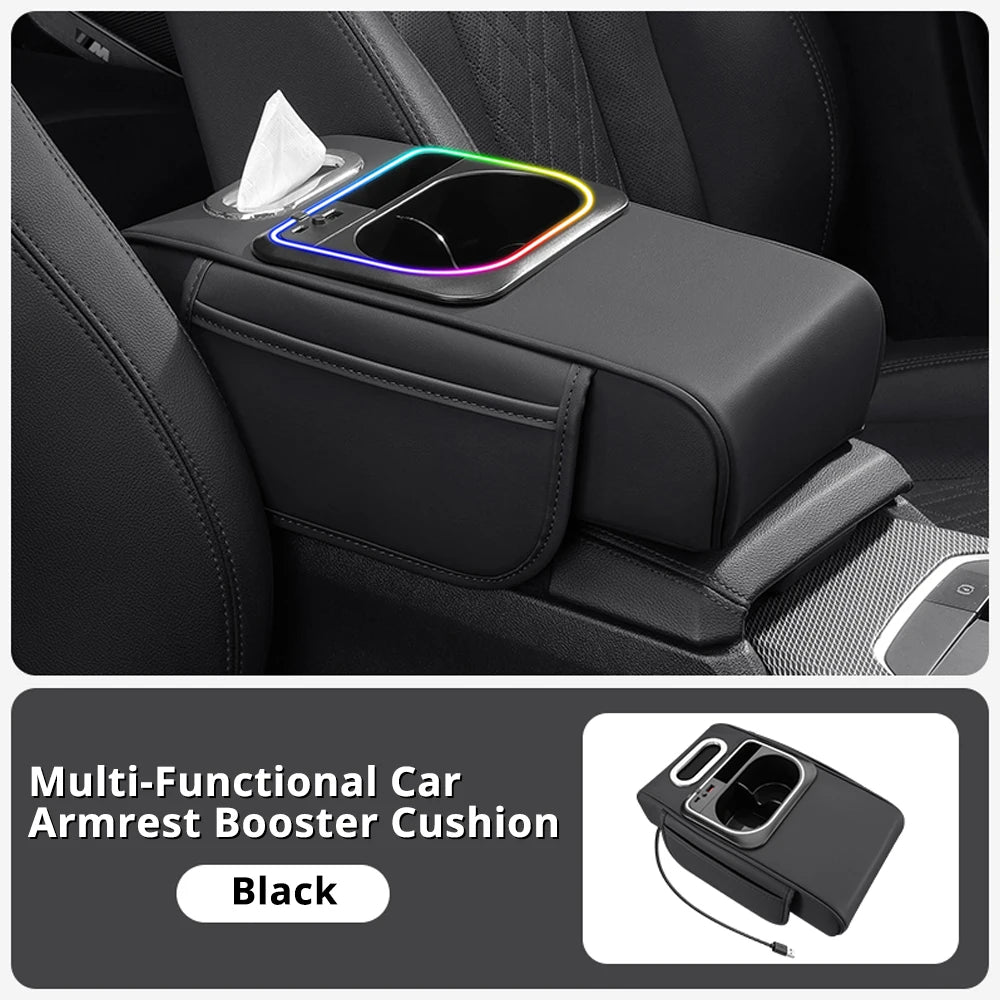 Car Armrest Cushion Center Console Storage Organizers Seat Cover Cup Holder Tissue Box Phone Slot Fast Charger Ambient LED Light