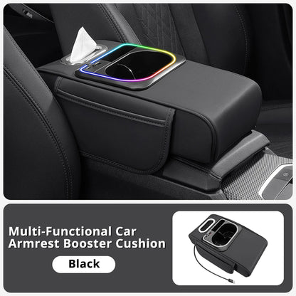 Car Armrest Cushion Center Console Storage Organizers Seat Cover Cup Holder Tissue Box Phone Slot Fast Charger Ambient LED Light