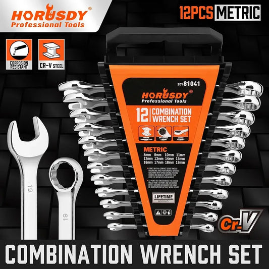 HORUSDY 12Pcs Metric Spanner Set Ring Open Ended Spanners CRV With Rack 8-19mm