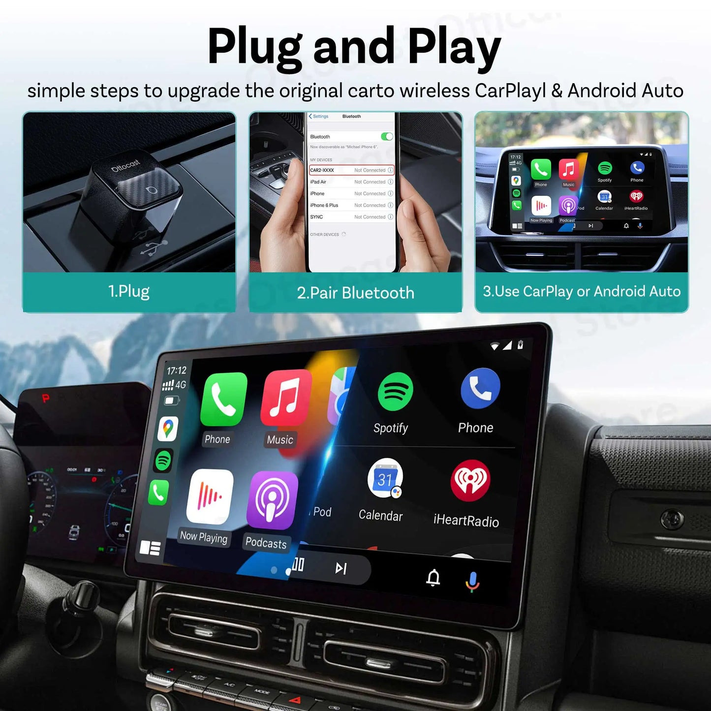 OTTOCAST Wired Wireless Android Auto CarPlay Mini Core Adapter Tiny Cube Dongle for Buick Cadillac Chevrolet Ford Hyundai Lada