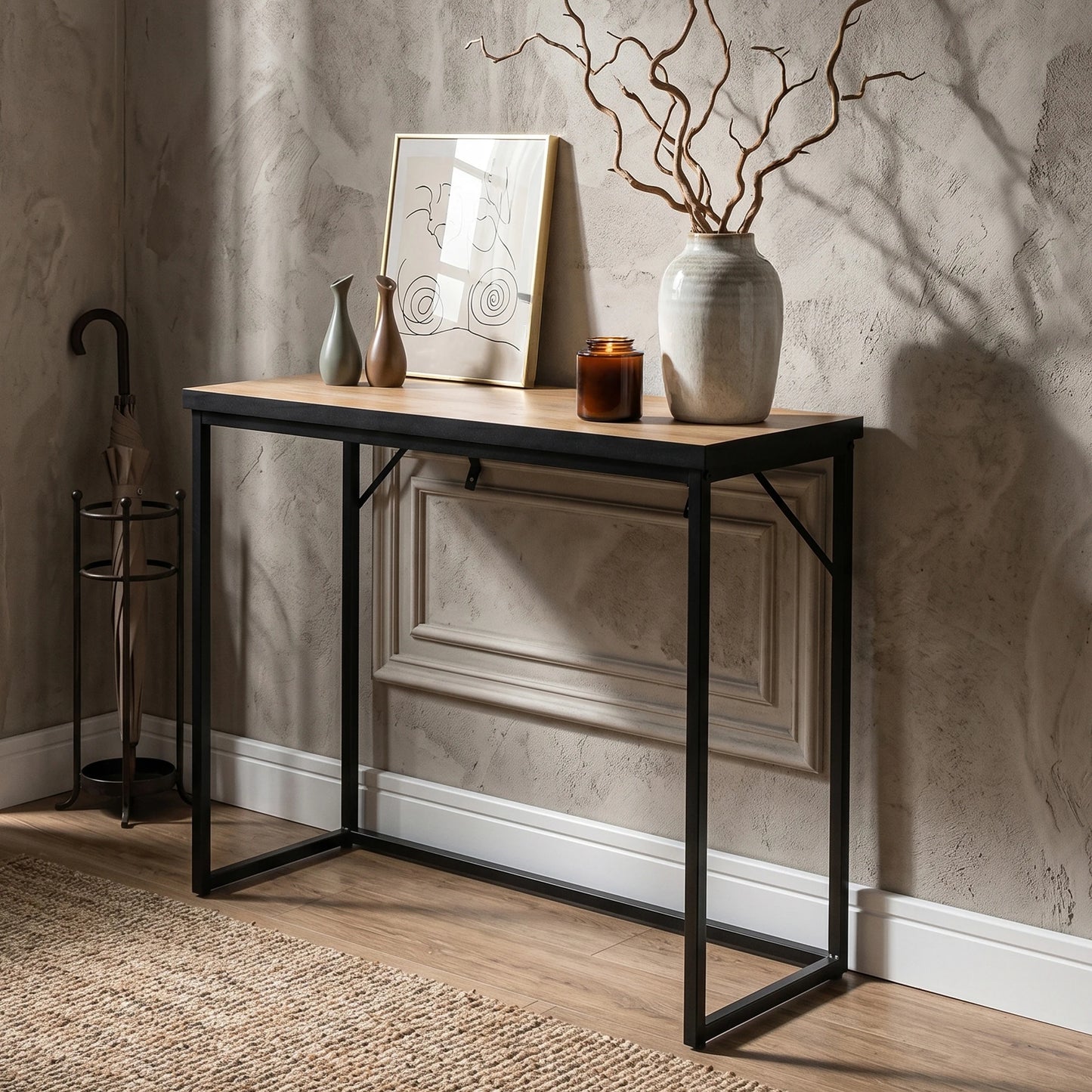 Loft-style console table ORIGO 90 cm Craft Oak with black legs