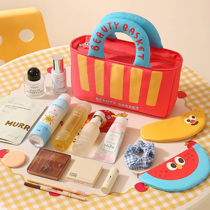Cute Cartoon Fruit Series French Fries Tote Bag + Watermelon Banana Pencil Case Set Storage Bag, Featuring Fun Designs That Are Popular among Girls. It Can Be Used as a Cosmetic Bag to Store Small Beauty Items, or as a Pencil