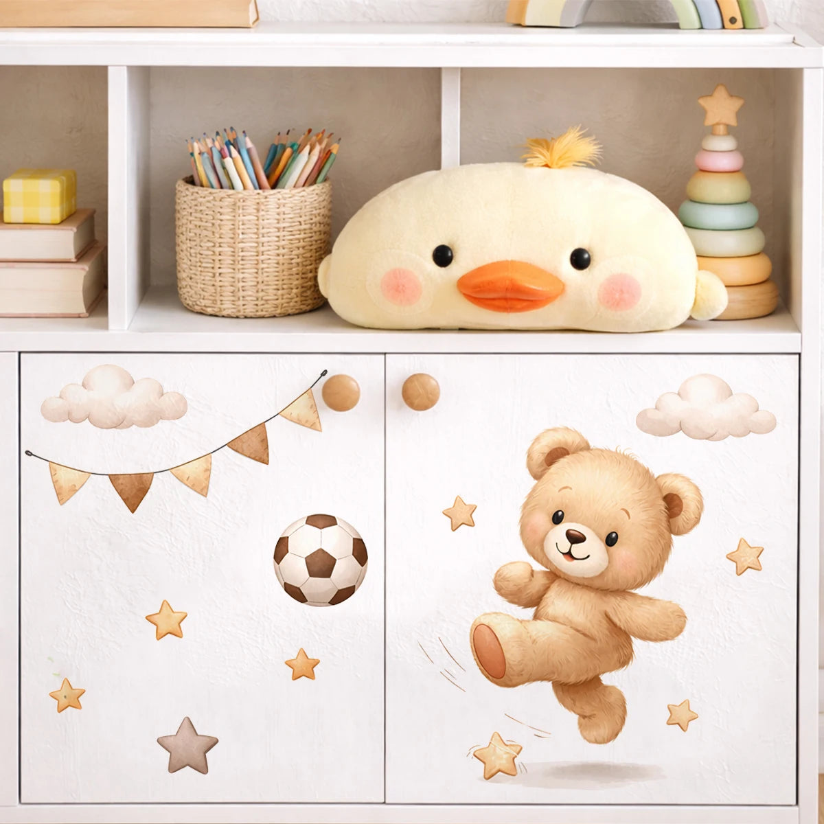 Adorable Teddy Bear Balloons Stars Clouds Wall Sticker Nursery Child Room Art Vinyl Decal Kids Room Bedroom Living Home Decor