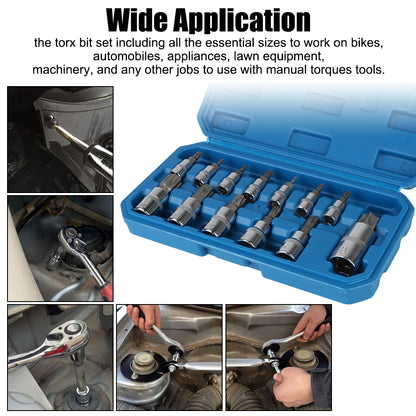 T8-T70 Torx Bit Socket Set 1/4" 3/8" 1/2" Drive Car Removal Tools Socket Wrench Tools 13 Pcs For Ratchet Torque Spanner