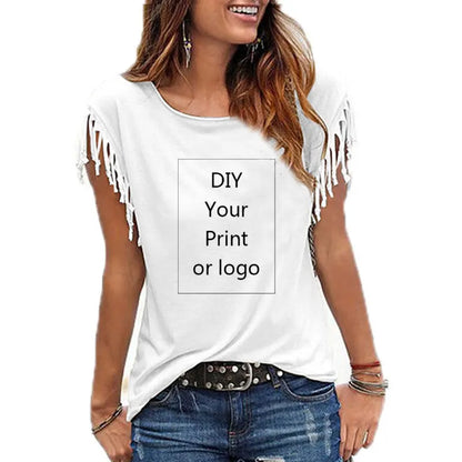 2026 New Customized Print T Shirt for Women DIY Your Like Photo or Logo Top Tassel Short Sleeve O-neck Cotton Tee