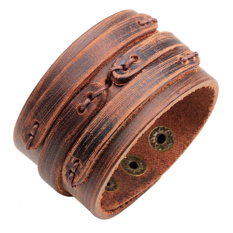KOTik 2024 New Fashion Genuine Leather Wide Cuff Bangles Punk Vintage Three Layers Wide Black Brown Men Jewelry Bracelets