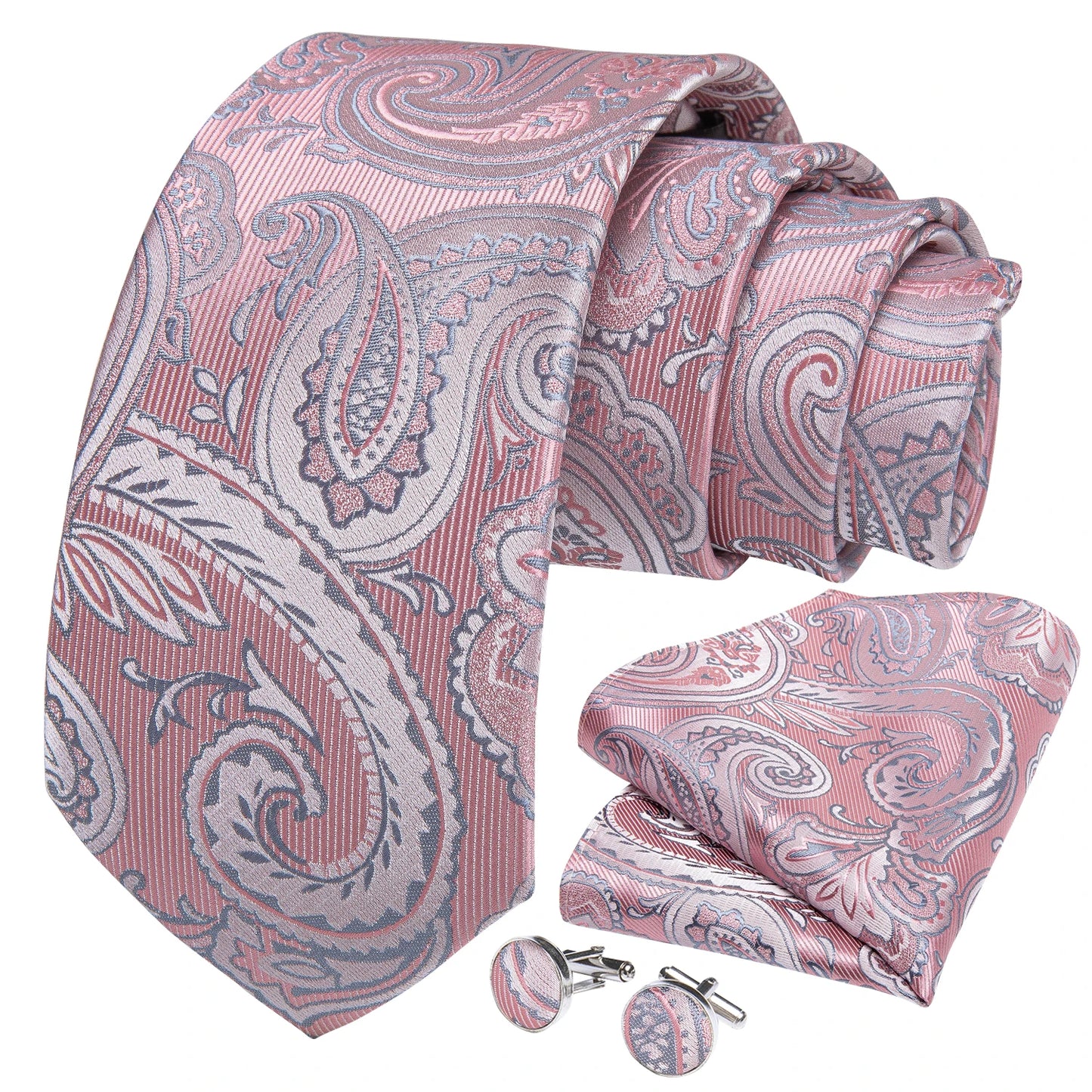 Black And Silver Paisley Floral Men's Ties Gray Blue Pink Wedding Accessories Neck Tie Set Handkerchief Cufflinks Gift For Men
