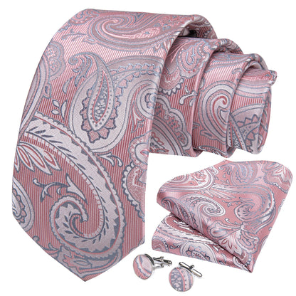 Black And Silver Paisley Floral Men's Ties Gray Blue Pink Wedding Accessories Neck Tie Set Handkerchief Cufflinks Gift For Men