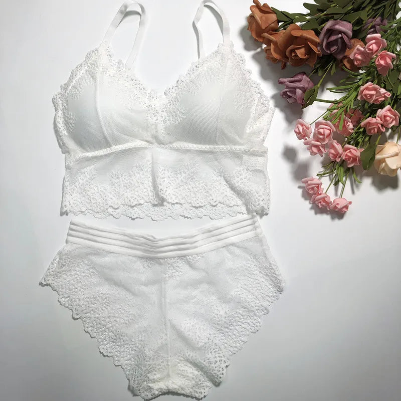 Women Lace Bra And Briefs Set Low Back Bra Crop Top Female Padded Bralette Transparent Solid Color Underwear Sexy Lingerie Set