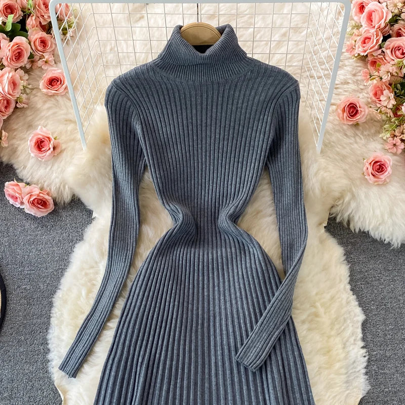 SINGREINY Women Pleated Knitted Dress Turtleneck Long Sleeve Elastic Slim Pencil Dress Autumn Winter Sexy Bodycon Sweater Dress