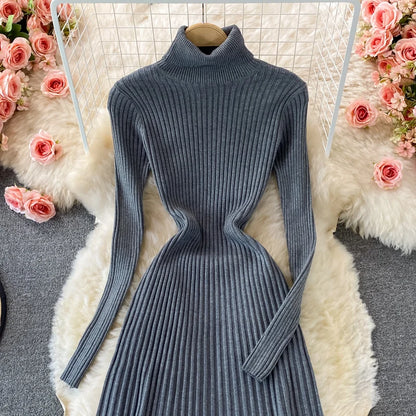 SINGREINY Women Pleated Knitted Dress Turtleneck Long Sleeve Elastic Slim Pencil Dress Autumn Winter Sexy Bodycon Sweater Dress