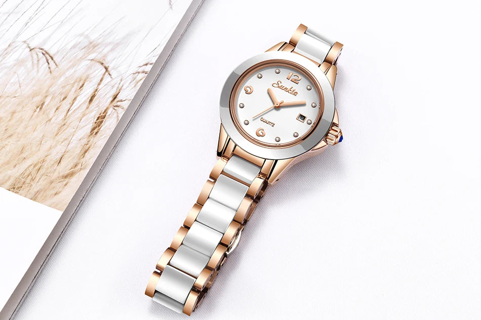 LIGE Brand SUNKTA Fashion Casual Woman Watch Ceramic Simple Bracelet Quartz Ladies Watches Date Waterproof Women's Wristwatches