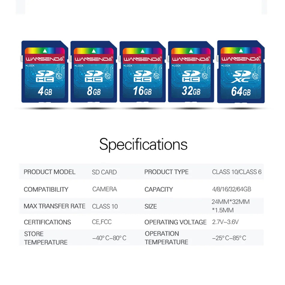 Full Size SD Card Wansenda Real Capacity 4GB 8GB 16GB 32GB 64GB SD Card Memory Card for Camera Notebook Digital Devices Storage