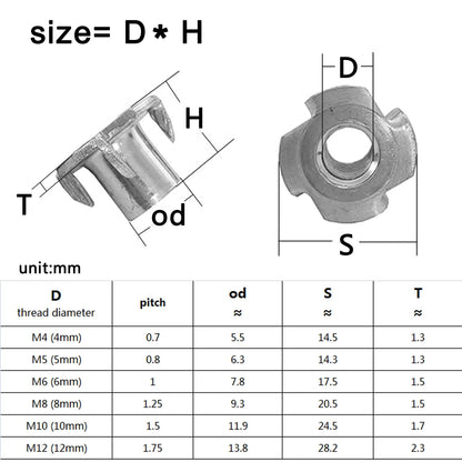 2/10/20pc M4 M5 M6 M8 M10 M12 Thickened Steel Four Claws Speaker Nut Blind Pronged Insert T-Nut for Wood Furniture Length=8-17mm